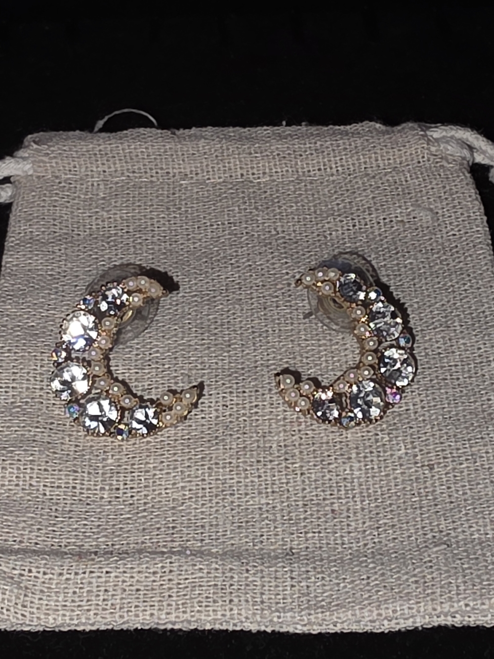 Anthropologie Gold-Tone Crescent Moon Crystal And Pearl Stud Earrings